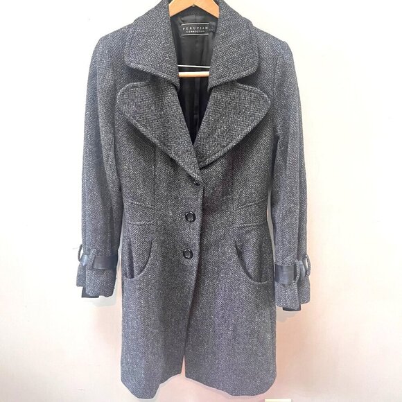 Peruvian Connection Wool Blend Women's Herringbone Leather Detail Long Coat- Siz - Picture 1 of 5